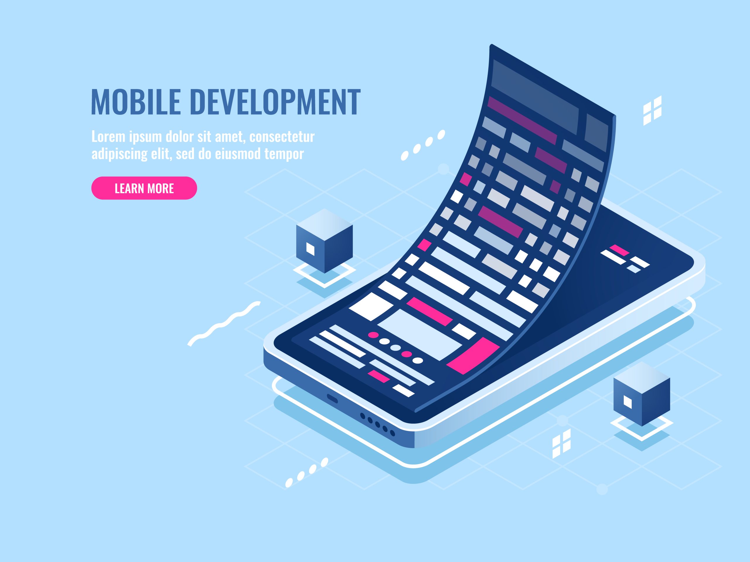 Mobile development concept, message roll, software programming for mobile phone, smartphone application isometric vector illustration